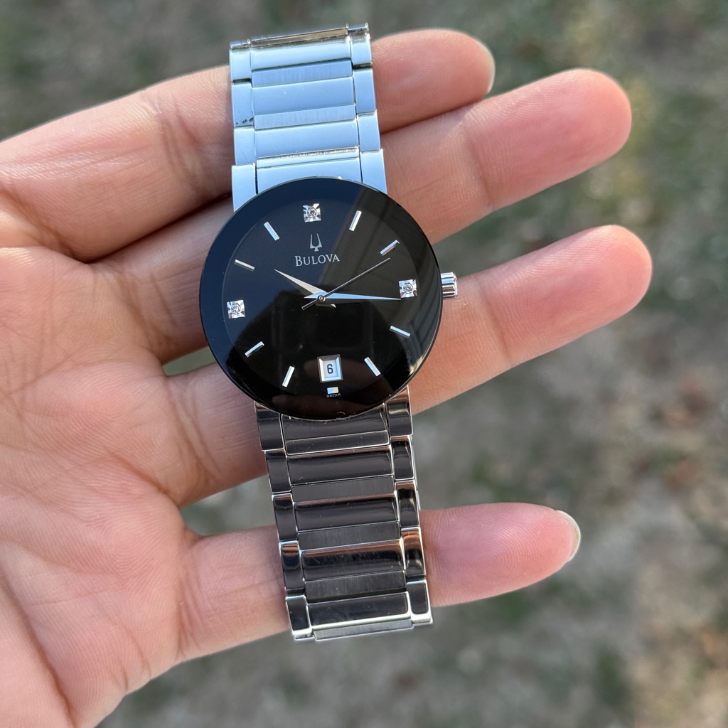 Bulova Stainless Steel Date Black Diamond Dial Mens Quartz Watch